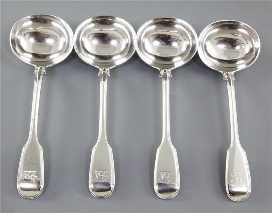 A set of four Victorian silver fiddle pattern sauce ladles, by Elizabeth Eaton, Length: 185mm Combined weight 11.3oz/352grms